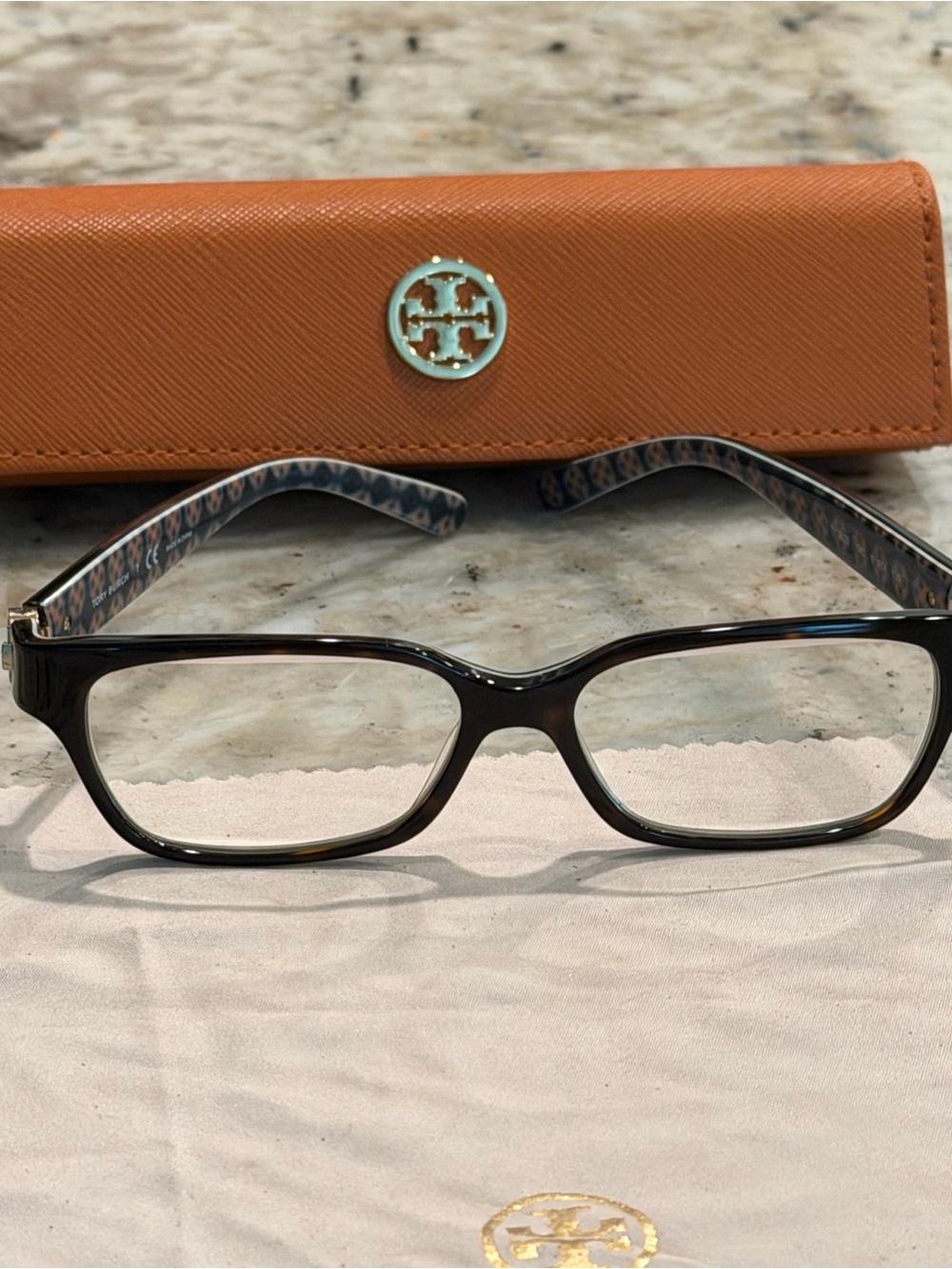 Tory Burch Black Rectangular Optical Glasses with Orange Logo Case